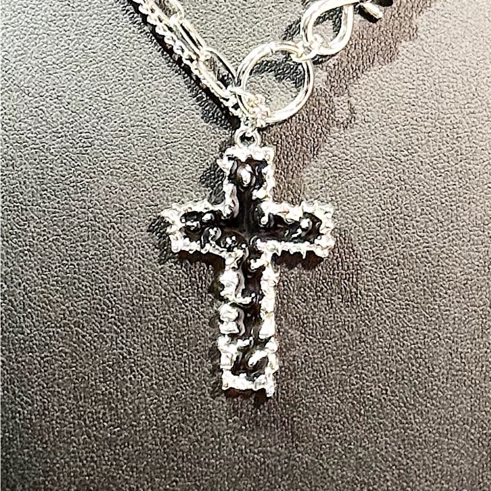 Silver Goth Cross Pendant Necklace Y2K - Picture 4 of 5